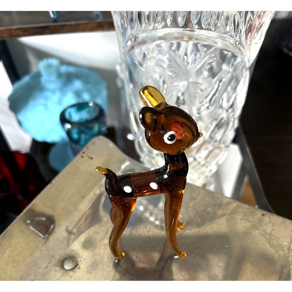 Murano Style Amber Art Glass Fawn Deer Figurine Hand Blown 4.5" Vintage - Picture 3 of 4